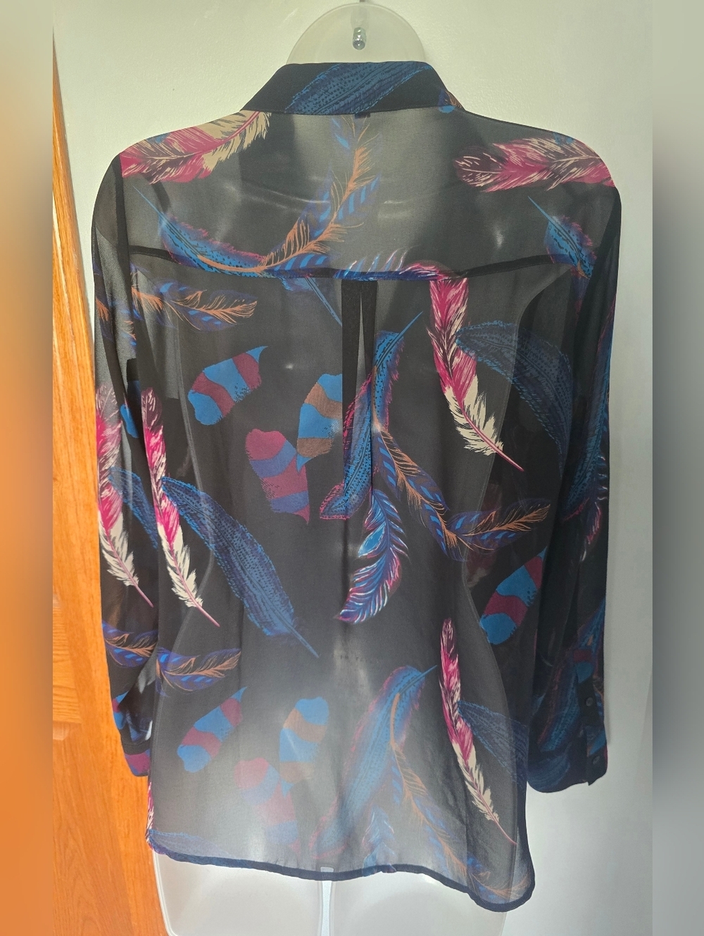 Express Portofino ShirtWomens size small Feather Print Sheer Long Sleeve - Picture 7 of 9